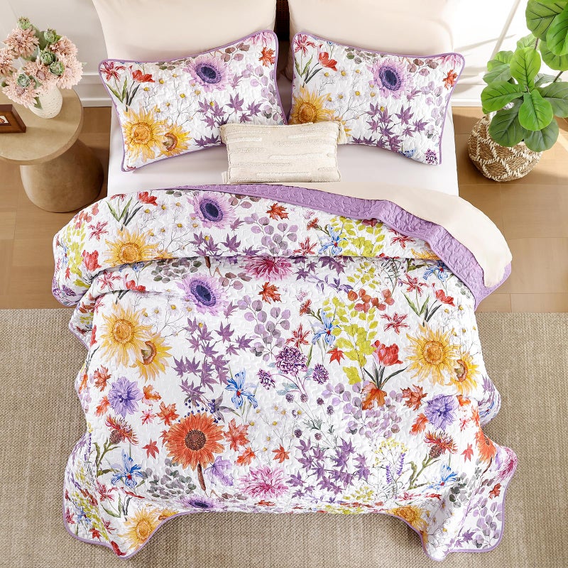 Yiran Purple Floral Quilt Set King Size, Lavender Summer Sunflower Botanical Bedspread Bedding Set, 3 Pieces Soft Lightweight Microfiber Coverlet with 2 Pillow Shams for All Season 106x90 Inch - Image 4