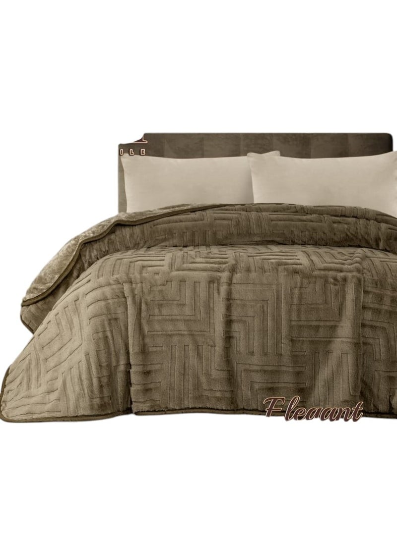 بطانية دبل فيس طبقتين، وجه جاكار حفر ليزر ووجه فرو ناعم، تصميم إسباني، 220×240 سم، 4 كجم