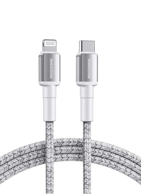 Original MFI-certified iPhone charger cable. 1-meter lightning to usb c. type c to lightning charger cable supports fast charging up to 60W. iPhone cable made of cut-resistant fabric. lightning cable compatible with all iPhones with a Lightning port up to the iPhone 14 Pro Max. iPhone charger cable from MoogMax. White.