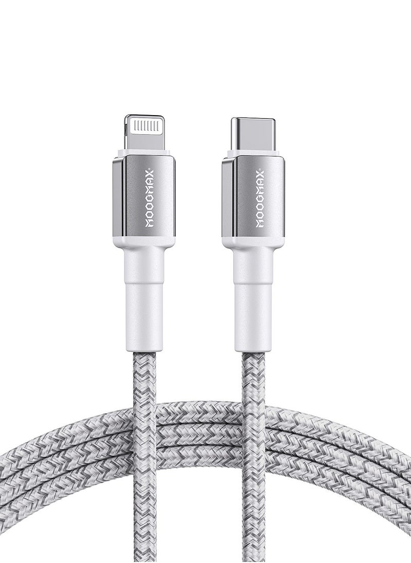 MOOGMAX - Original MFI-certified iPhone charger cable. 1-meter lightning to usb c. type c to lightning charger cable supports fast charging up to 60W. iPhone cable made of cut-resistant fabric. lightning cable compatible with all iPhones with a Lightning port up to the iPhone 14 Pro Max. iPhone charger cable from MoogMax. White. - Image 1