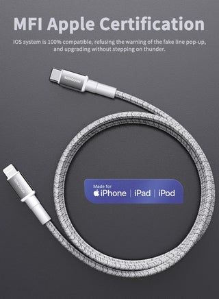 Original MFI-certified iPhone charger cable. 1-meter lightning to usb c. type c to lightning charger cable supports fast charging up to 27W. iPhone cable made of cut-resistant fabric. lightning cable compatible with all iPhones with a Lightning port up to the iPhone 14 Pro Max. iPhone charger cable from MoogMax. White. - view 2