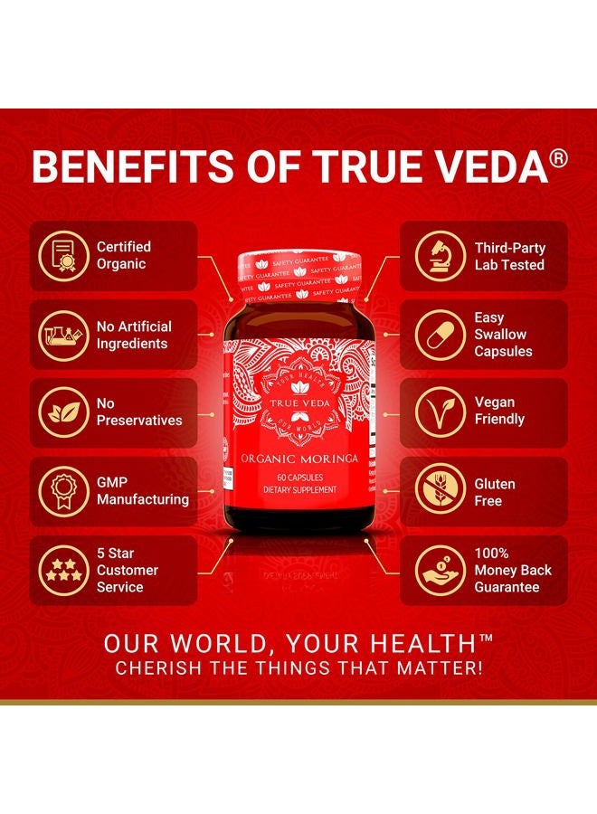 True Veda Organic Moringa Capsules Organic - Moringa Oleifera Capsules | Natural Herbal Supplement from Moringa Leaves | Certified USDA Organic | Vegan | Moringa Leaf Capsules Superplant | 60 Moringa Pills  - Image 2