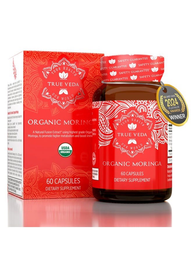 True Veda Organic Moringa Capsules Organic - Moringa Oleifera Capsules | Natural Herbal Supplement from Moringa Leaves | Certified USDA Organic | Vegan | Moringa Leaf Capsules Superplant | 60 Moringa Pills  - Image 1