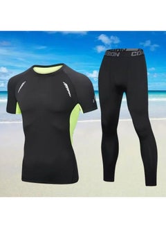 Generic Body Swimsuit Men's Swimming Trunks Long Summer Quick-drying Sunscreen Long Sleeve Trousers Split Hot Spring Beach Surfing Snorkeling Factory-Color:❥☆#∝〃★Cx Green Mesh Short Sleeves + Black Tight Trousers☆❥-Size:❥☆M [ 50-60kg ]☆❥  - Image 1