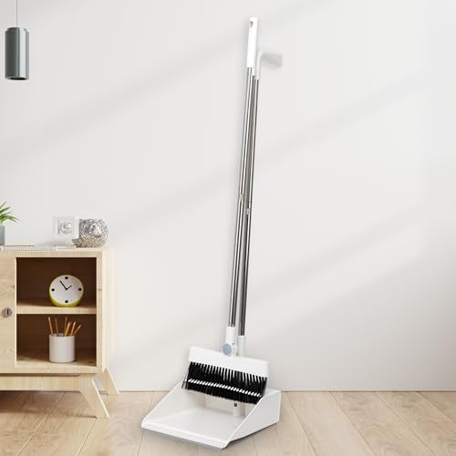 TRADY Broom and Dustpan Set for Home, Broom and Dustpan Combo for Office, Long Handle Broom with Upright Standing Dustpan,Indoor&Outdoor Sweeping [ Off White ] - Image 2