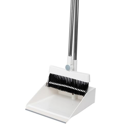 TRADY Broom and Dustpan Set for Home, Broom and Dustpan Combo for Office, Long Handle Broom with Upright Standing Dustpan,Indoor&Outdoor Sweeping [ Off White ] - Image 1
