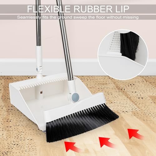TRADY Broom and Dustpan Set for Home, Broom and Dustpan Combo for Office, Long Handle Broom with Upright Standing Dustpan,Indoor&Outdoor Sweeping [ Off White ] - Image 4