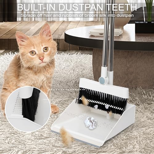 TRADY Broom and Dustpan Set for Home, Broom and Dustpan Combo for Office, Long Handle Broom with Upright Standing Dustpan,Indoor&Outdoor Sweeping [ Off White ] - Image 5