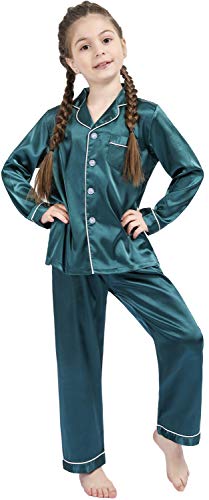 OEIU Kid Silky Satin Pajamas Set for Girls Boys pj Set Sleepwear Button-up Lounge Sets Nightwear Dark Green 170 - Image 2