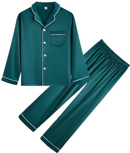 OEIU Kid Silky Satin Pajamas Set for Girls Boys pj Set Sleepwear Button-up Lounge Sets Nightwear Dark Green 170 - Image 1