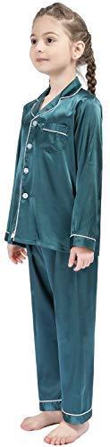 OEIU Kid Silky Satin Pajamas Set for Girls Boys pj Set Sleepwear Button-up Lounge Sets Nightwear Dark Green 170 - Image 4