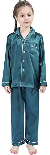 OEIU Kid Silky Satin Pajamas Set for Girls Boys pj Set Sleepwear Button-up Lounge Sets Nightwear Dark Green 170 - Image 5
