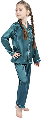 OEIU Kid Silky Satin Pajamas Set for Girls Boys pj Set Sleepwear Button-up Lounge Sets Nightwear Dark Green 170 - Image 3