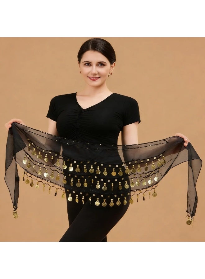 وشاح رقص شرقي للخصر بحزام مع عملات ذهبية، لون أسود - Image 1