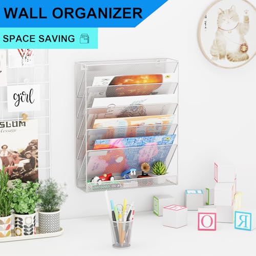 GDINDINFAN Wall File Organizer Holder Mesh Hanging Paper Document Holder, Vertical 6 Pocket Tier for Office Home, Silver - Image 2