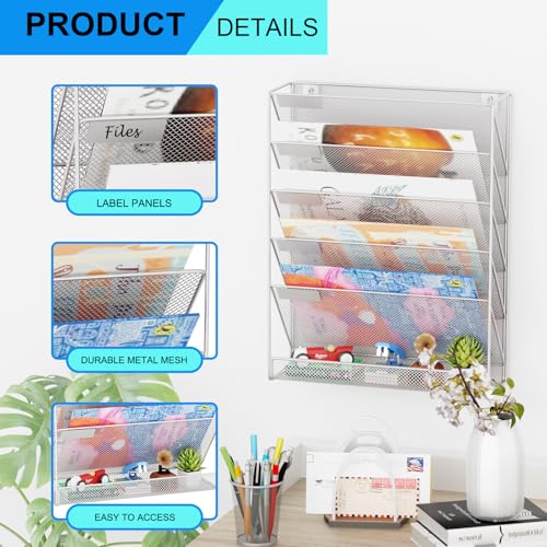 GDINDINFAN Wall File Organizer Holder Mesh Hanging Paper Document Holder, Vertical 6 Pocket Tier for Office Home, Silver - Image 4