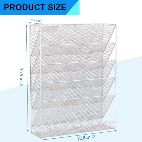GDINDINFAN Wall File Organizer Holder Mesh Hanging Paper Document Holder, Vertical 6 Pocket Tier for Office Home, Silver - Image 3