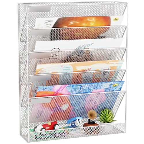 GDINDINFAN Wall File Organizer Holder Mesh Hanging Paper Document Holder, Vertical 6 Pocket Tier for Office Home, Silver - Image 1