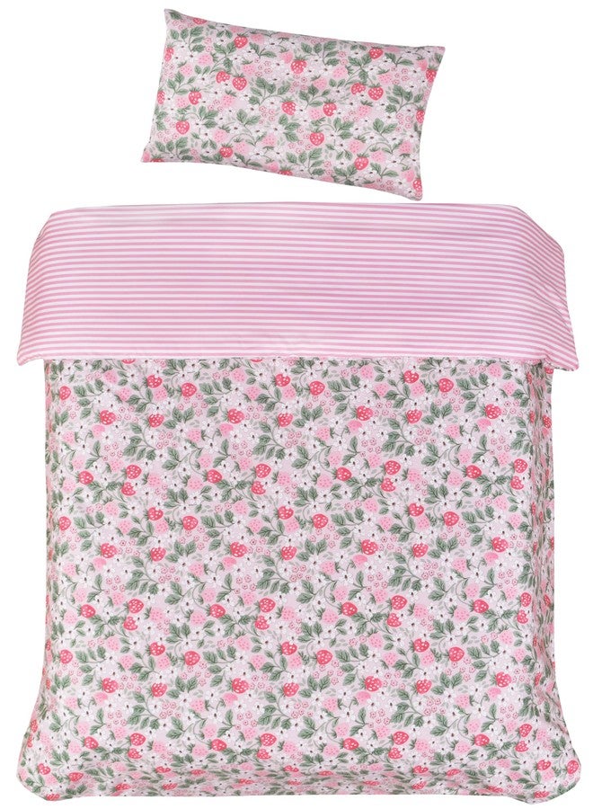 J-pinno Pink Strawberry Girls Cartoon Duvet Cover + Pillowcase Set, Zipper Closure, 100% Cotton, for Kids Crib Toddler Bedding Decoration Gift (Strawberry, Crib 47" X 59") - Image 2