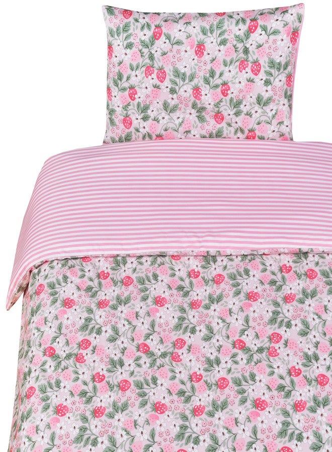 J-pinno Pink Strawberry Girls Cartoon Duvet Cover + Pillowcase Set, Zipper Closure, 100% Cotton, for Kids Crib Toddler Bedding Decoration Gift (Strawberry, Crib 47" X 59") - Image 1