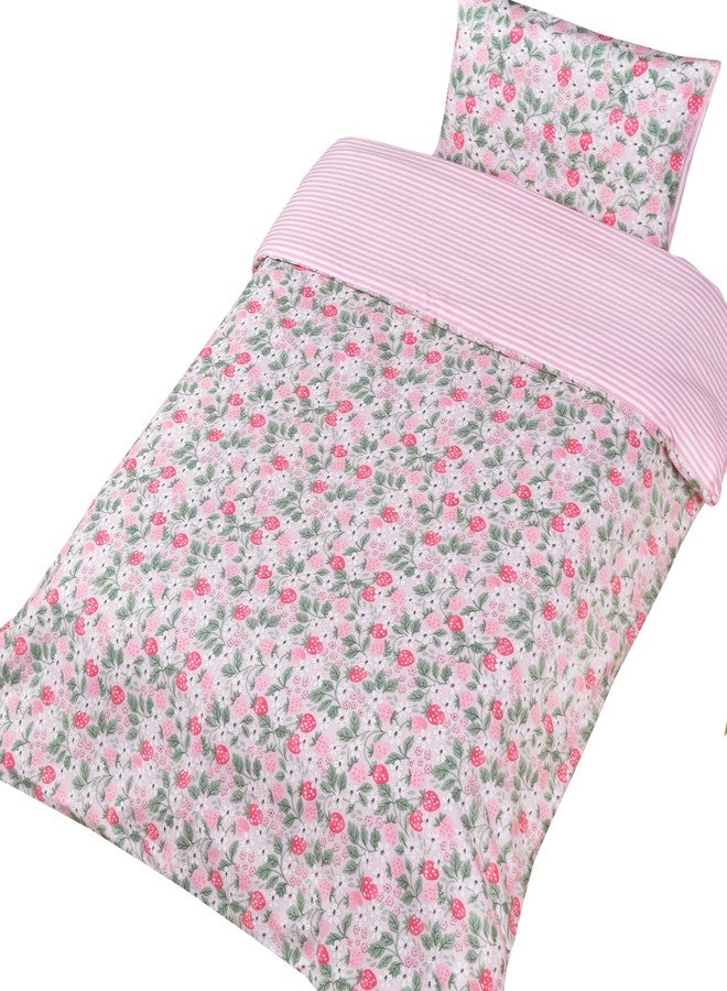 J-pinno Pink Strawberry Girls Cartoon Duvet Cover + Pillowcase Set, Zipper Closure, 100% Cotton, for Kids Crib Toddler Bedding Decoration Gift (Strawberry, Crib 47" X 59") - Image 3