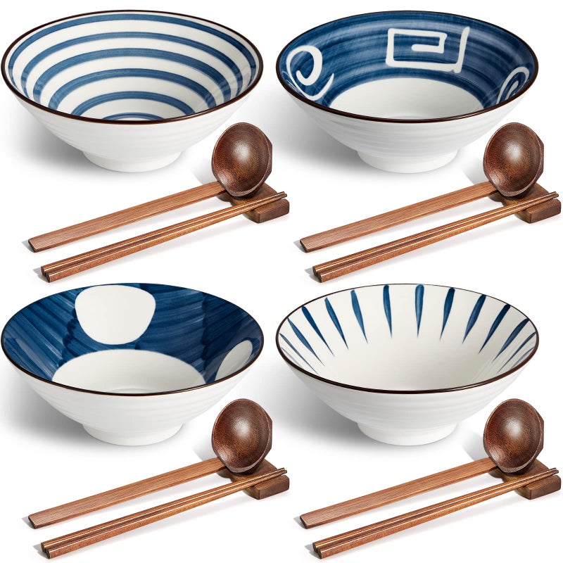 Geiserailie Ceramic Ramen Bowl 40 oz Japanese Large Noodle Bowls with Spoons Chopsticks and Chopsticks Stand for Udon Soba Pho Noodles Ramen Salad and Soup Set of 4 Retro Style