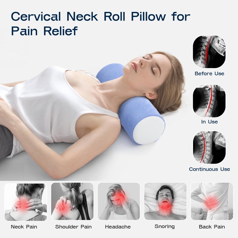 Forcanby Neck Roll Cervical Pillow for Neck Pain Relief - Memory Foam Neck Pillow for Bed, Round Neck Pillows for Sleeping, 15.7 * 6 * 6inch (Blue-White) - Image 4