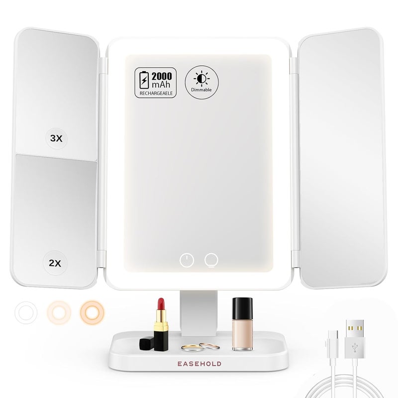 Easehold TriFold Lighted Vanity Mirror Three Panel 21Pcs Led Light 180 Degree Free Rotation Countertop Cosmetic Makeup Mirror by Easehold - Image 1