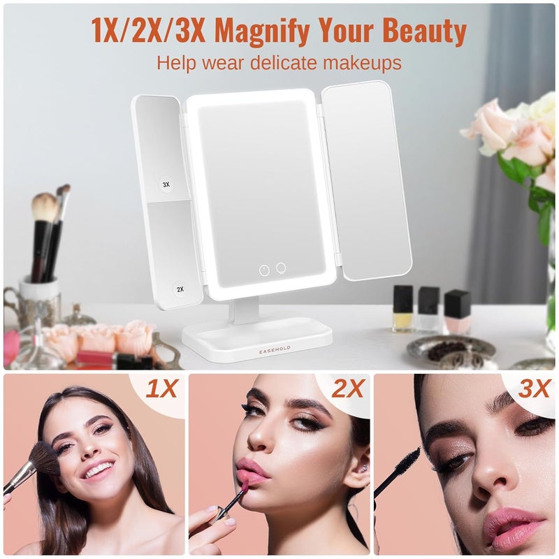 Easehold TriFold Lighted Vanity Mirror Three Panel 21Pcs Led Light 180 Degree Free Rotation Countertop Cosmetic Makeup Mirror by Easehold - Image 2