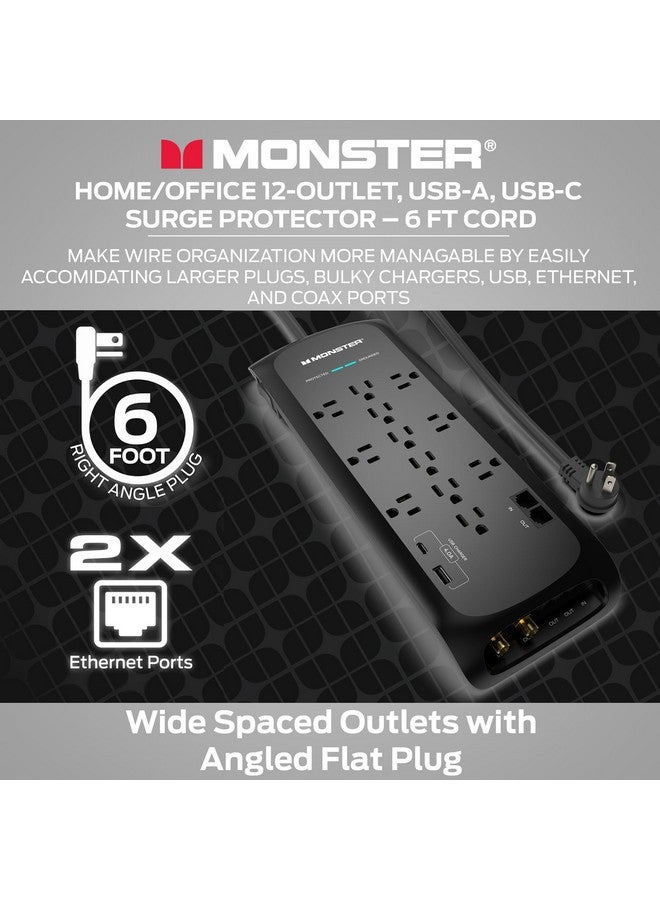 Monster Black Heavy Duty Surge Protector Power Strip 6 ft Cord with 12 120V-Outlet Extension, 2 Ethernet Switch Ports, 4050J Rating, 1 USB-A, and 1 USB-C Charging Ports - Ideal for Computers & Offices - Image 3