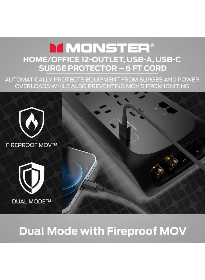 Monster Black Heavy Duty Surge Protector Power Strip 6 ft Cord with 12 120V-Outlet Extension, 2 Ethernet Switch Ports, 4050J Rating, 1 USB-A, and 1 USB-C Charging Ports - Ideal for Computers & Offices - Image 5