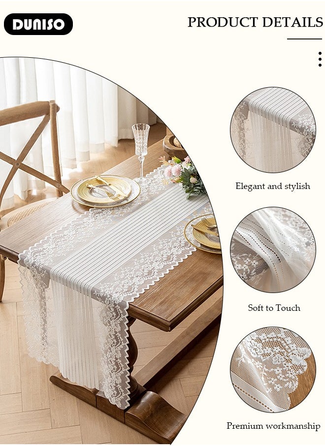 DUNISO White Lace Table Runner, Vintage Lace Fabric Table Runner , Embroidery Elegant Table Runner with Vintage Floral Pattern Design for Wedding Party, Holiday, Home, Dinner, Kitchen, Tables(45*180 cm)  - Image 2