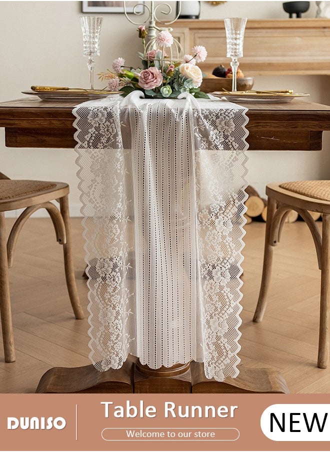 DUNISO White Lace Table Runner, Vintage Lace Fabric Table Runner , Embroidery Elegant Table Runner with Vintage Floral Pattern Design for Wedding Party, Holiday, Home, Dinner, Kitchen, Tables(45*180 cm)  - Image 1