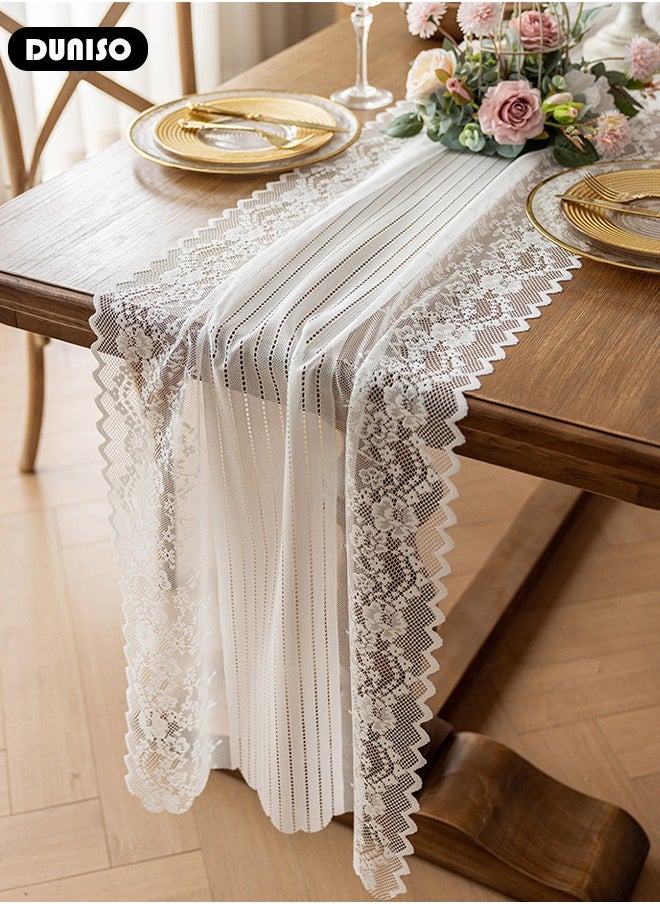 DUNISO White Lace Table Runner, Vintage Lace Fabric Table Runner , Embroidery Elegant Table Runner with Vintage Floral Pattern Design for Wedding Party, Holiday, Home, Dinner, Kitchen, Tables(45*180 cm)  - Image 3