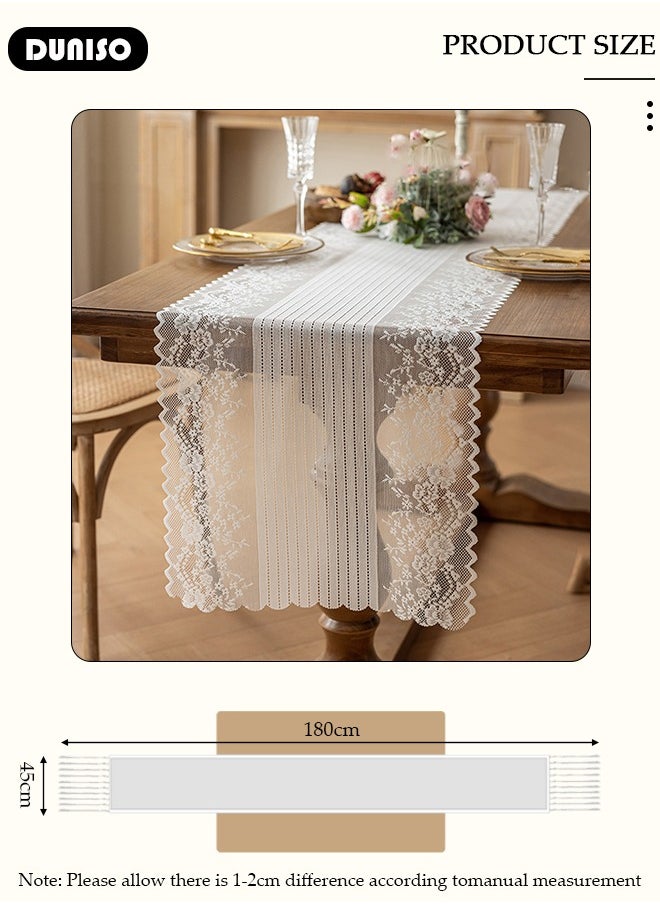 DUNISO White Lace Table Runner, Vintage Lace Fabric Table Runner , Embroidery Elegant Table Runner with Vintage Floral Pattern Design for Wedding Party, Holiday, Home, Dinner, Kitchen, Tables(45*180 cm)  - Image 4