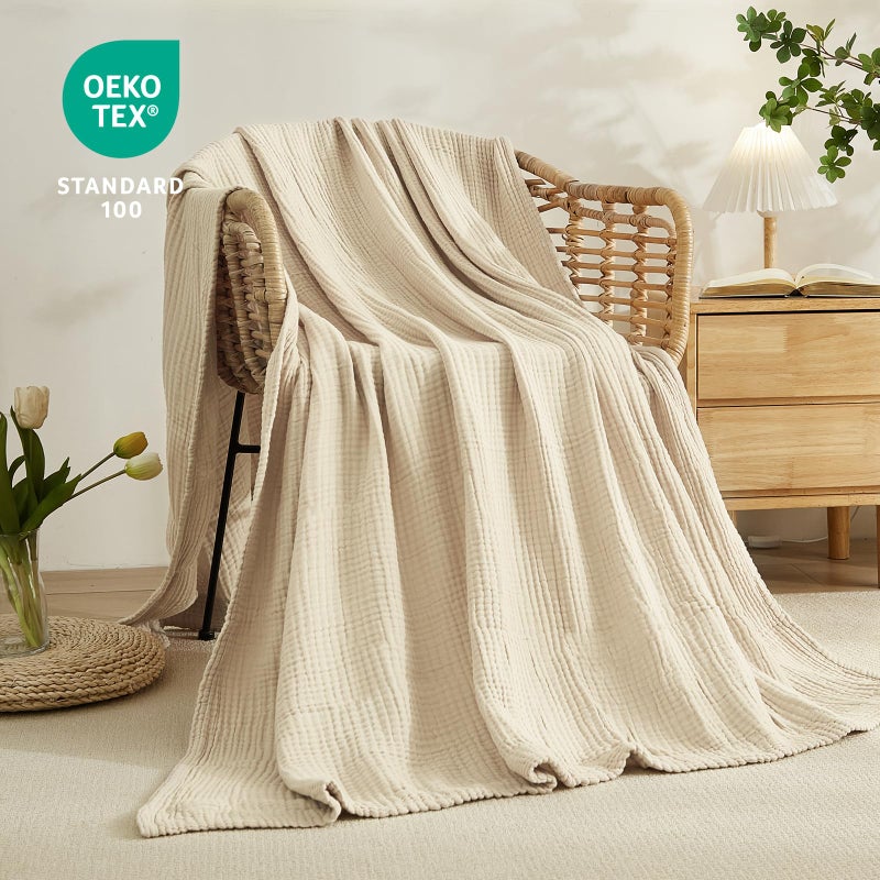 EMME Cotton Bed Blanket Twin Size Soft Muslin Boho Bedding Lightweight Breathable Twin Blanket All Season Gauze, Light Tan - Image 2