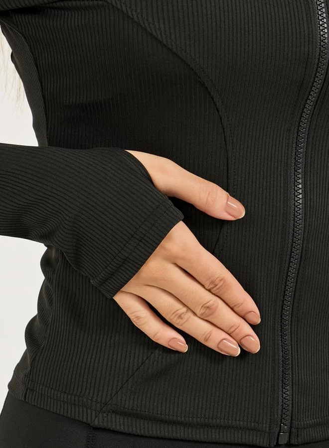 Styli Rib Textured Thumbhole Detail Zip Up Jacket