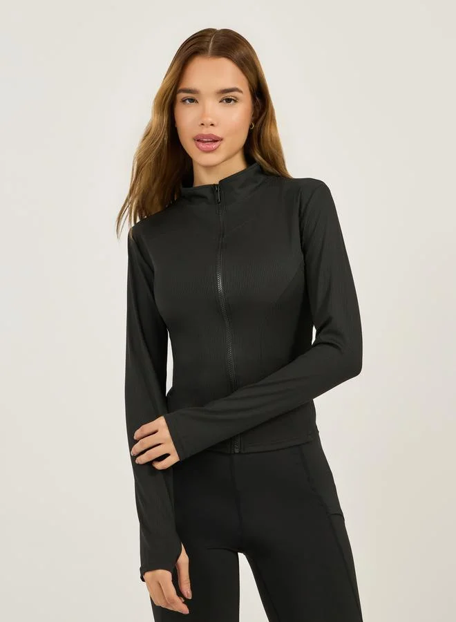 Styli Rib Textured Thumbhole Detail Zip Up Jacket