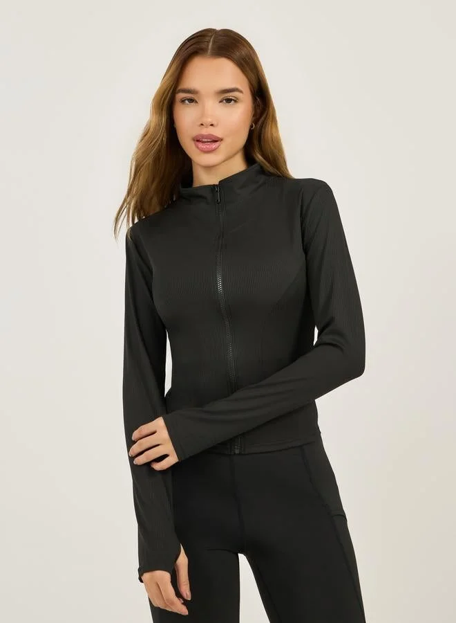 Styli Active Rib Textured Thumbhole Detail Zip Up Jacket