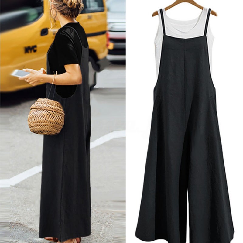 9009*EBAY hot foreign trade European and American women's clothing loose one-piece wide-leg pants casual one-piece pants Navy L - Image 5