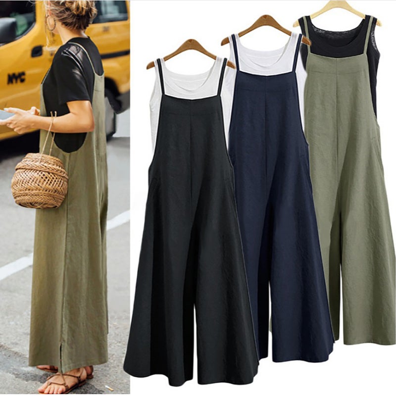 9009*EBAY hot foreign trade European and American women's clothing loose one-piece wide-leg pants casual one-piece pants Navy L - Image 2