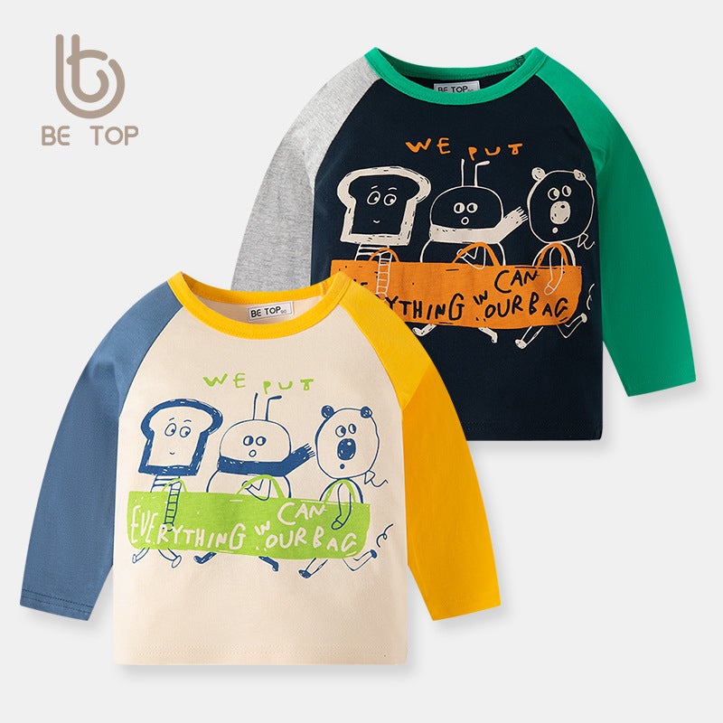 Children'S Long-Sleeved T-Shirt Pure Cotton Color Matching Fashionable Cartoon Korean Style Western Style Bottoming Shirt Fashionable One-Piece Delivery - Image 2