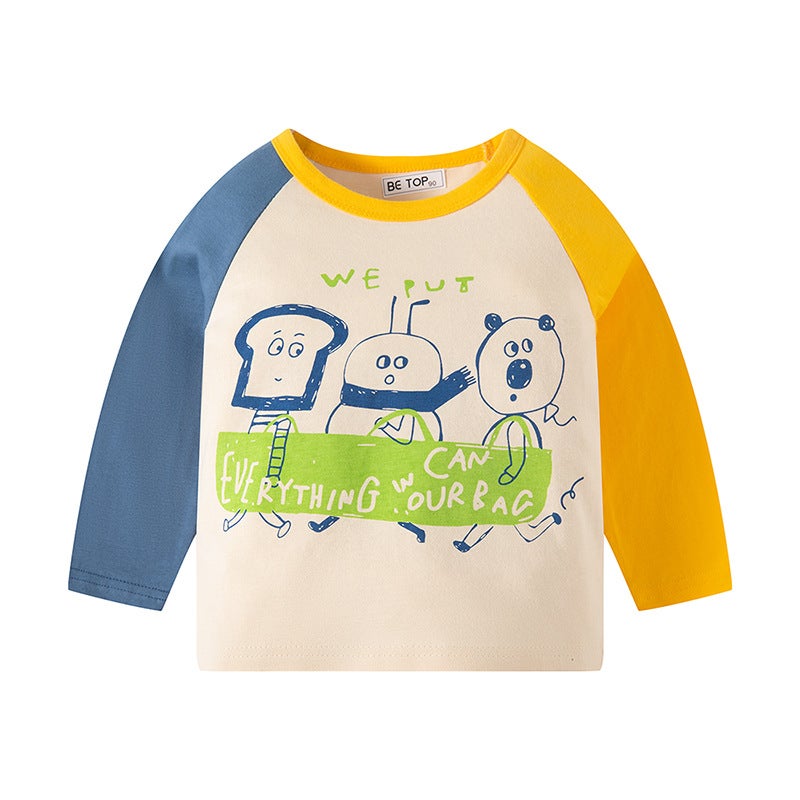 Children'S Long-Sleeved T-Shirt Pure Cotton Color Matching Fashionable Cartoon Korean Style Western Style Bottoming Shirt Fashionable One-Piece Delivery - Image 1