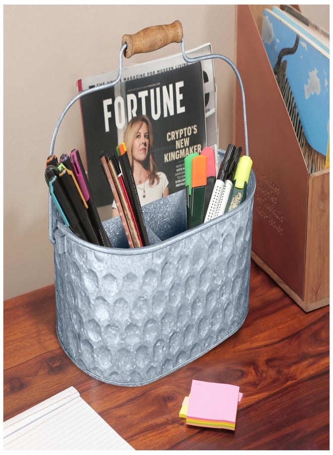 Bedding Craft Galvanized Utensil Caddy - Metal Holder for Kitchen, Picnic & Parties, Rustic Organizer for Silverware, Flatware & Cutlery, Farmhouse Tabletop Caddy Natural Hammered - Image 1