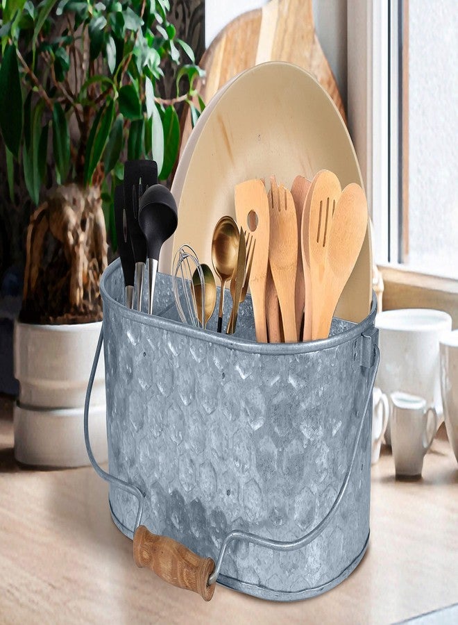Bedding Craft Galvanized Utensil Caddy - Metal Holder for Kitchen, Picnic & Parties, Rustic Organizer for Silverware, Flatware & Cutlery, Farmhouse Tabletop Caddy Natural Hammered - Image 4