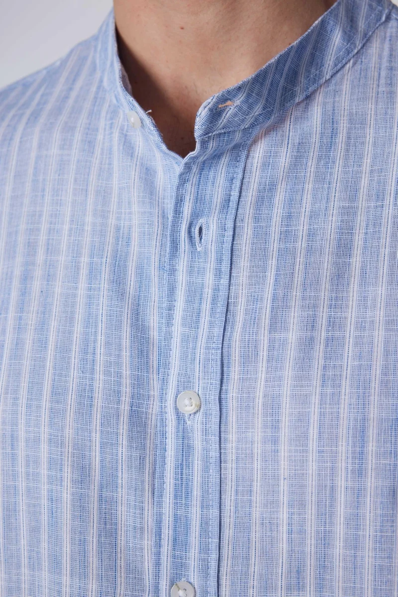 Tudors Slim Fit Long Sleeve Narrow Cut Collar Striped Summer Linen Texture Men's Shirt