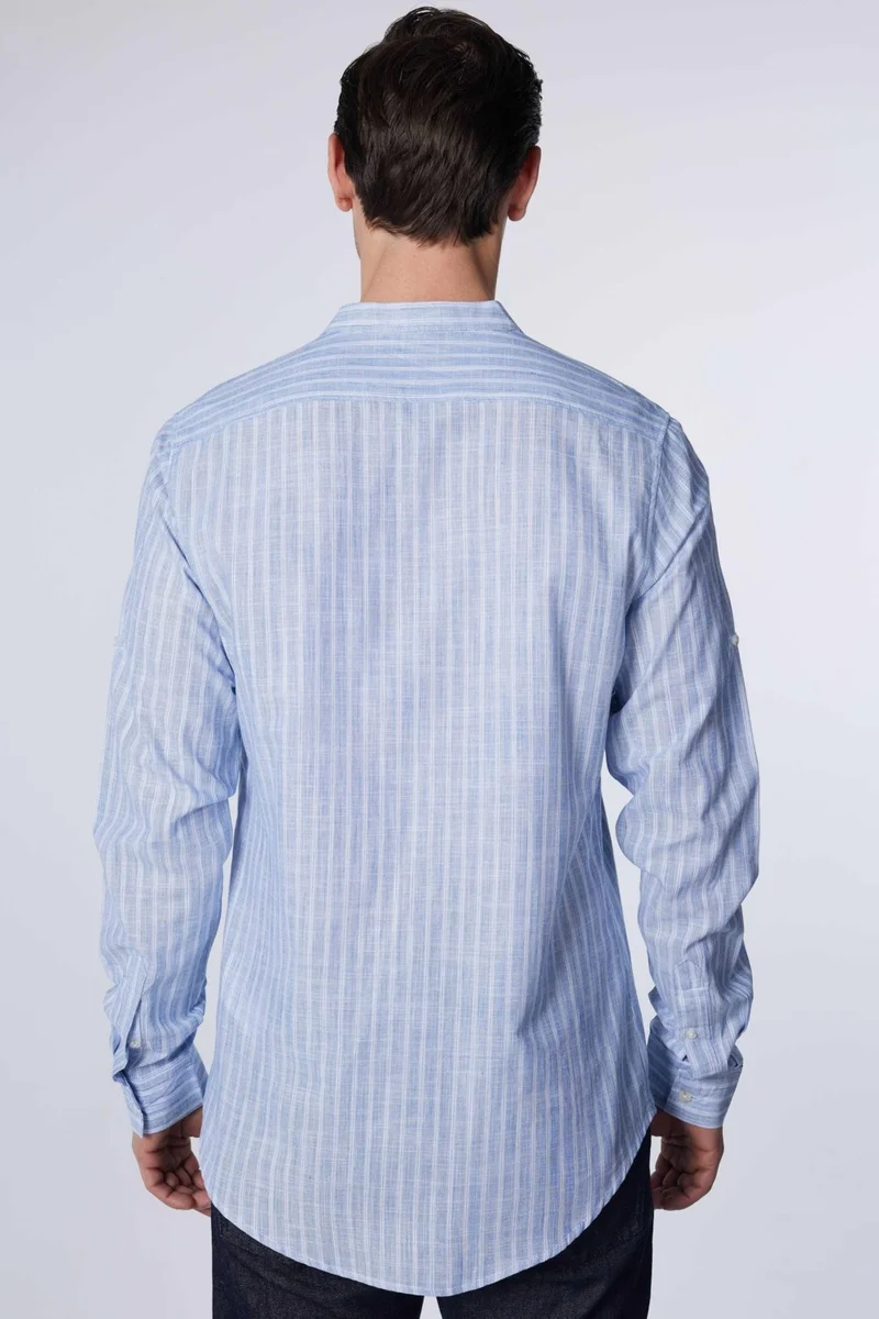 Tudors Slim Fit Long Sleeve Narrow Cut Collar Striped Summer Linen Texture Men's Shirt