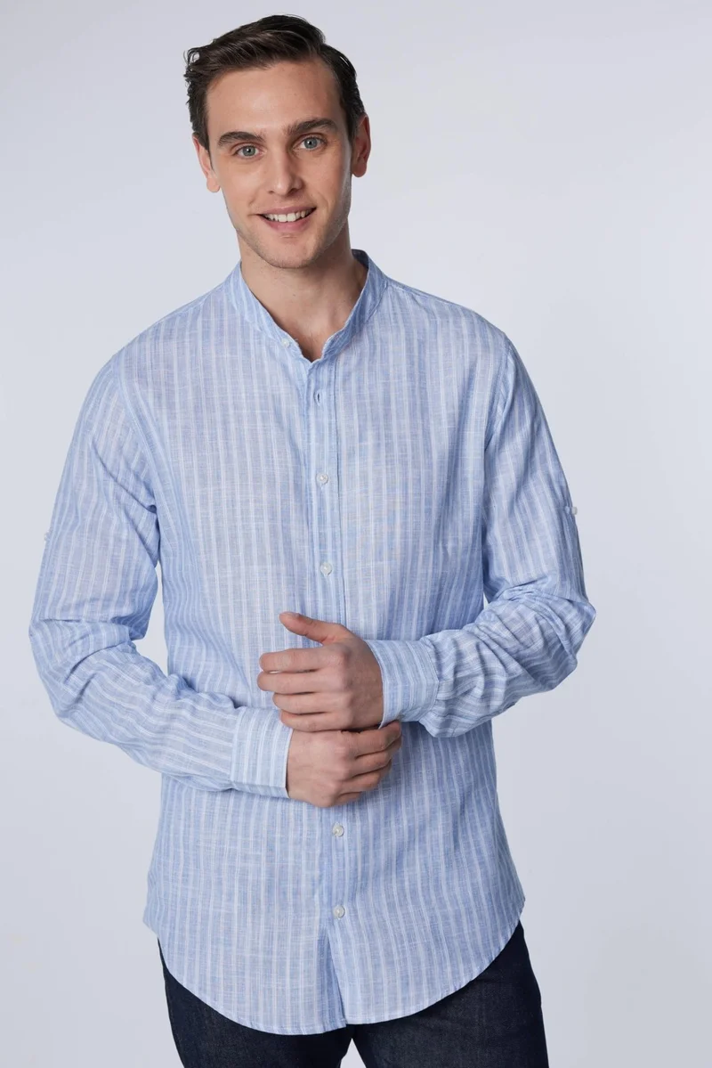 Tudors Slim Fit Long Sleeve Narrow Cut Collar Striped Summer Linen Texture Men's Shirt