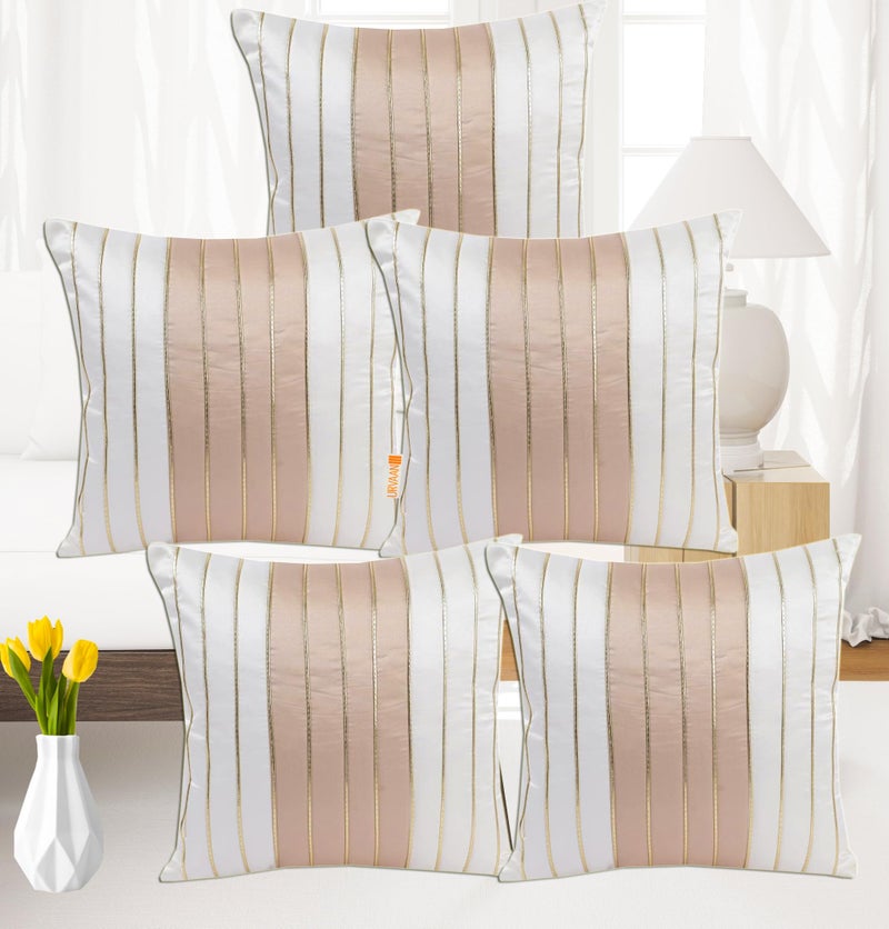 Urvaan Set of 5 Cushion Cover 16 X 16 Inch, White Beige, Golden Striped Silk Covers - Image 3