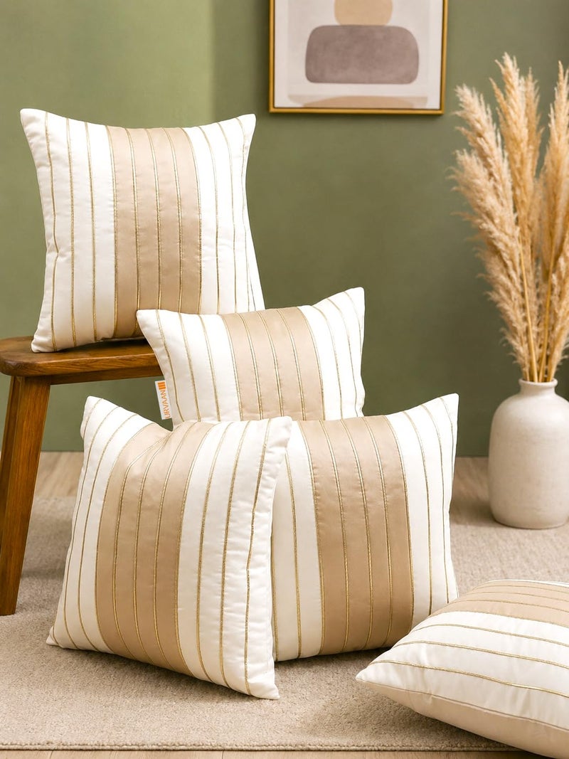 Urvaan Set of 5 Cushion Cover 16 X 16 Inch, White Beige, Golden Striped Silk Covers - Image 5